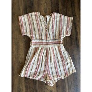 American Eagle Linen Blend Romper Shorts Jumpsuit Striped Size Small With Tie